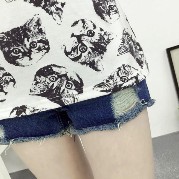 O-neck Cute Cat Print Tshirt